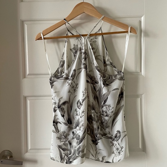 LOFT Tank Top Gray Ecru Bird Print Halter Size Medium Petite - Picture 4 of 6